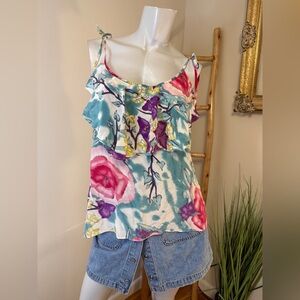 AKA New York Vintage Y2K Silk Tie Strap Ruffle Sleeveless Floral Top Size